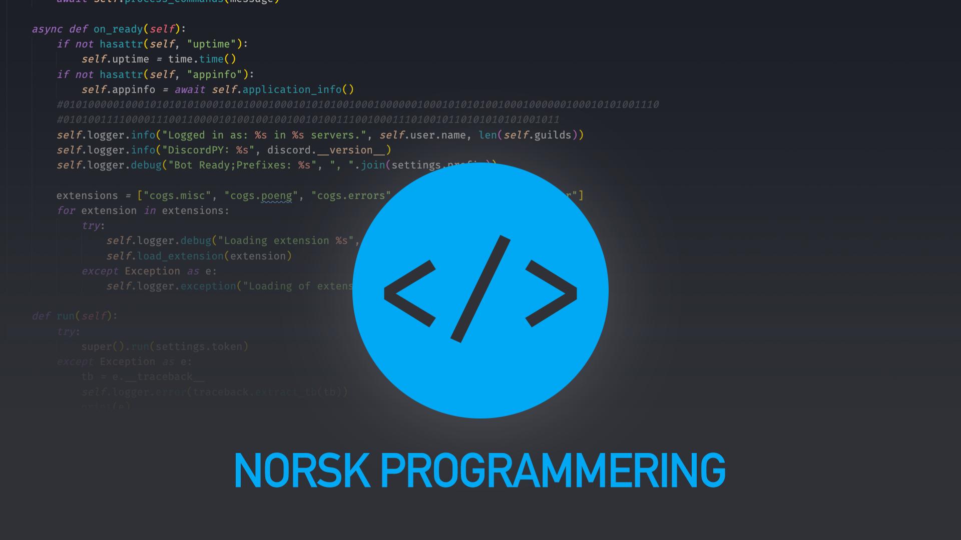Discovery splash banner for Norsk programmering Discord server